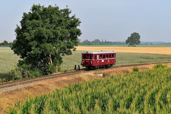  Čtvrtou provozní sobotu už opět na "Hurvínka" M131.1454, nasazeného na vlaky mezi Kroměříží a Tovačovem, naplno svítilo sluníčko. Krátce po výjezdu z tovačovského nádraží byl vůz zachycen 20.7.2019. 