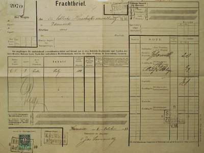  Nákladní list Kroměříž - Zdounky z r. 1882 (sbírka P. Eliáš)